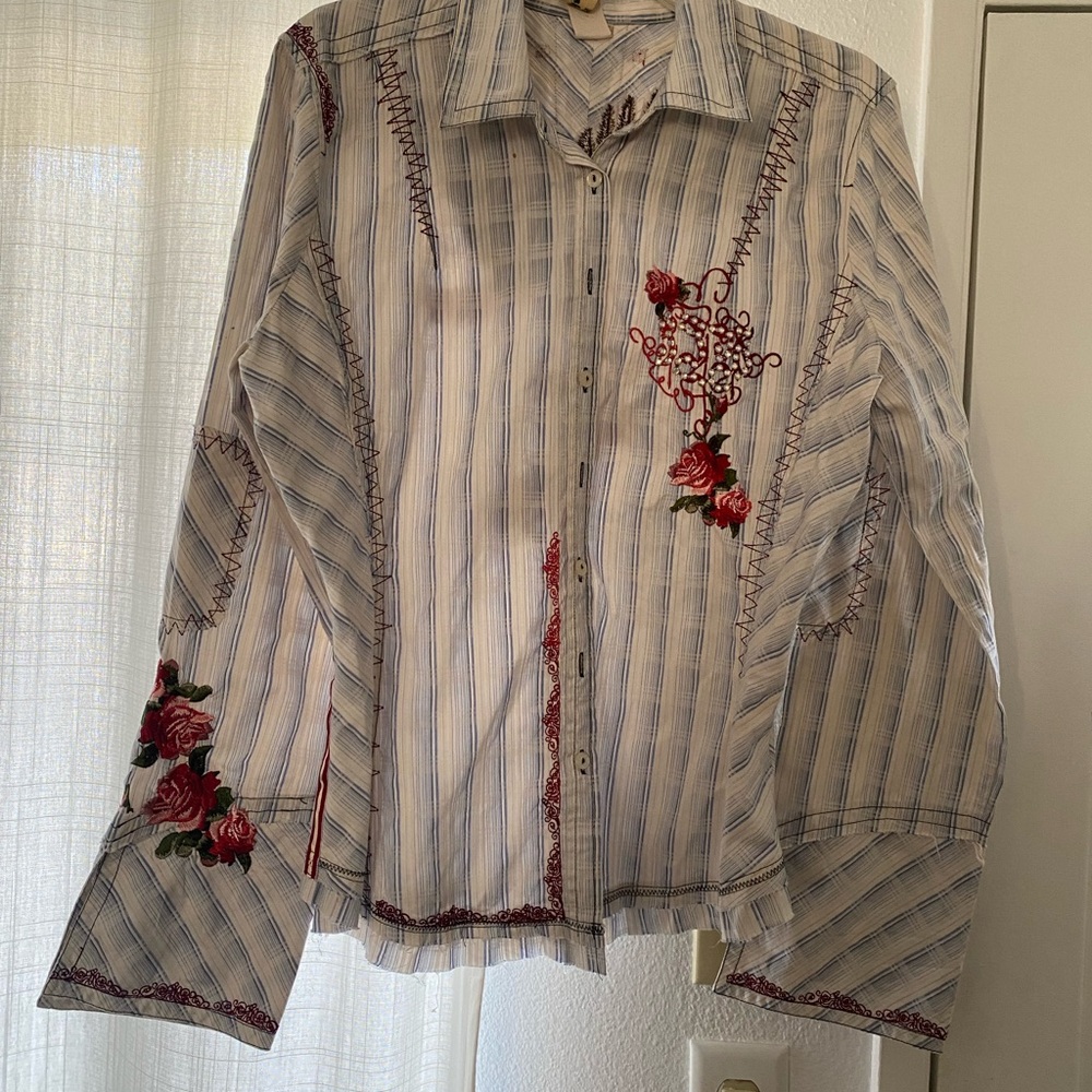Johnny Was Blue Striped Shirt with Brown Embroidery